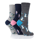Load image into Gallery viewer, 3 Pairs Ladies Fun Feet Cotton Socks - Love Birds Grey/Blue
