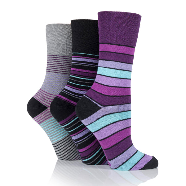 3 Pairs Ladies Cotton Socks - Mixed Black Stripe
