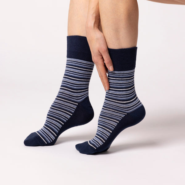 3 Pairs Ladies City Varied Stripe Cotton Socks - Navy