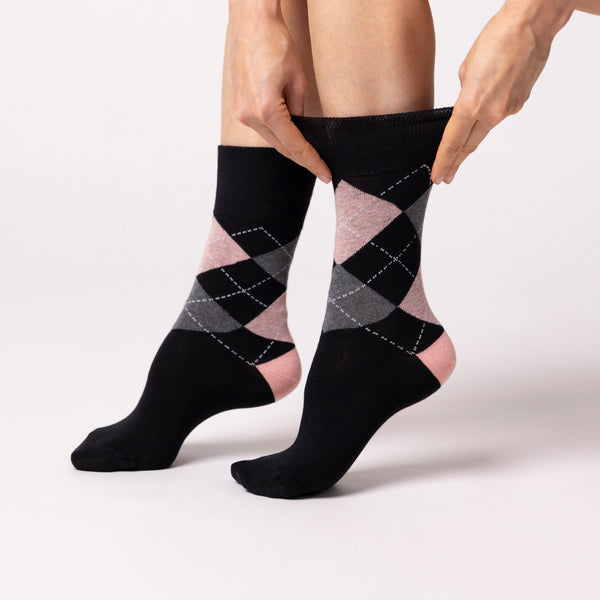 3 Paar Damen-Baumwollsocken mit Highlands-Argyle-Muster - Schwarz