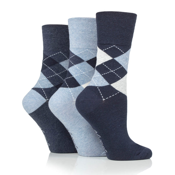 3 Paar Damensocken aus Baumwolle mit Highlands-Argyle-Muster – Marineblau/Jeansblau