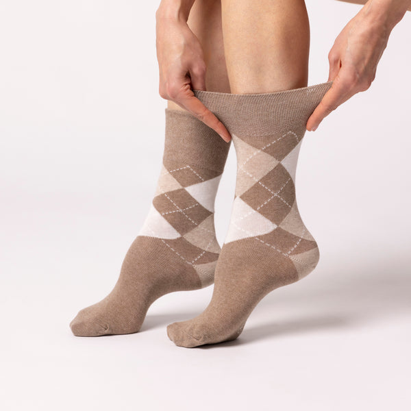 3 Paar Damen-Baumwollsocken im Highlands-Argyle-Muster - Braun