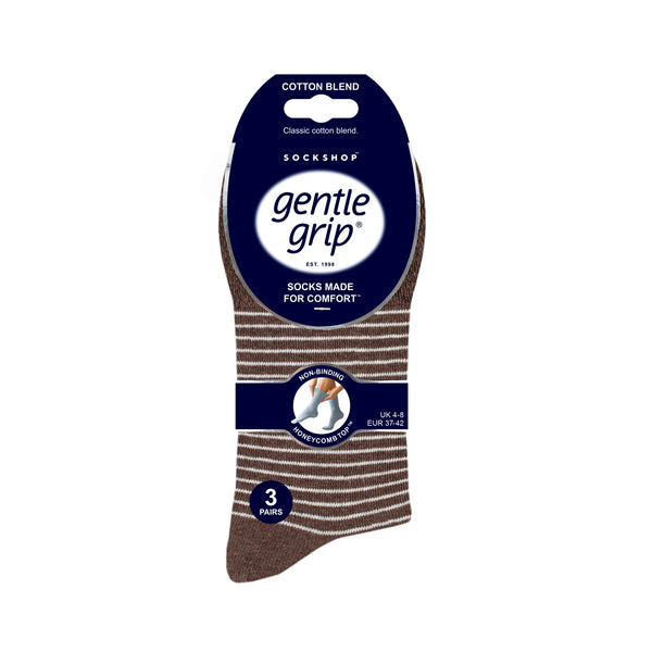 3 Pairs Ladies Varsity Stripe Cotton Socks - Brown