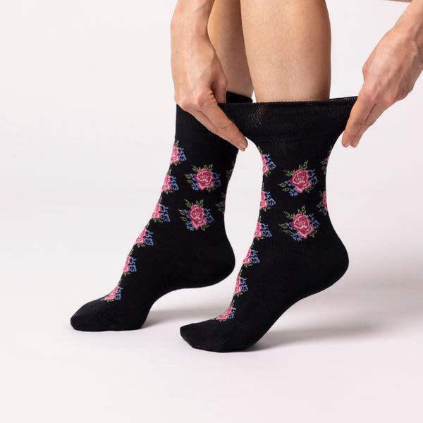 3 Paar Damen Baumwollsocken - Schwarze Rose