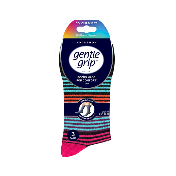 3 Pairs Ladies Plus Size Colourburst Cotton Socks - Stripe