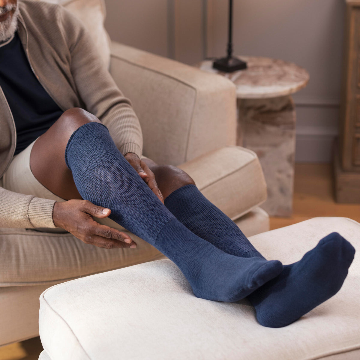 3 Pairs Cushion Foot Knee Length Bamboo Diabetic Socks - Denim