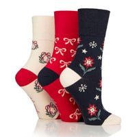 3 Pairs Ladies Fun Feet Christmas Socks - Wreath/Bow/Poinsettia