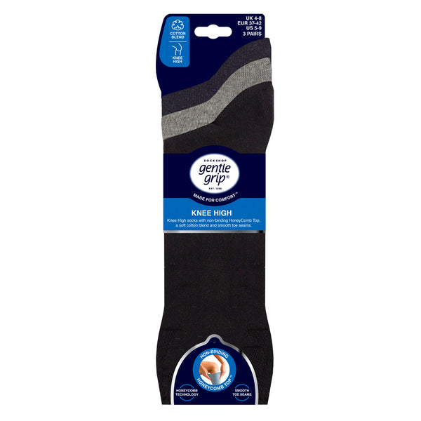 3 Pairs Ladies Knee High Cotton Socks - Black/Navy/Grey