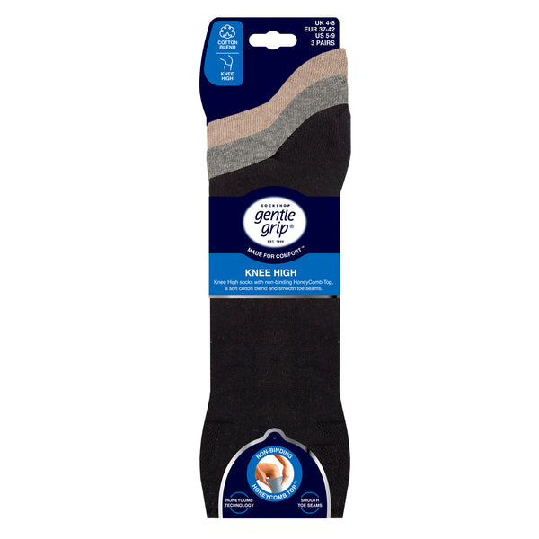 3 Pairs Ladies Knee High Cotton Socks - Natural