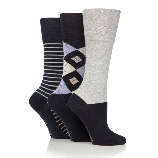 3 Pairs Ladies Knee High Cotton Socks - Navy Stripe/Argyle