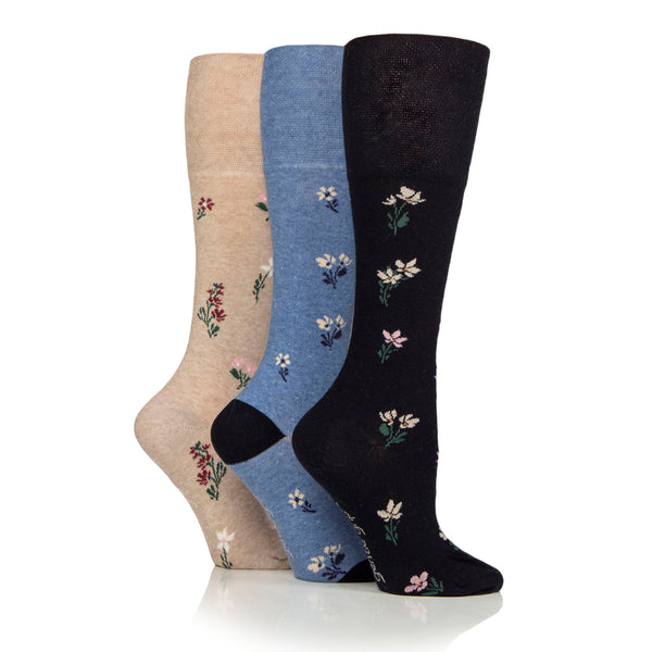 3 Pairs Ladies Knee High Cotton Socks - Denim Floral