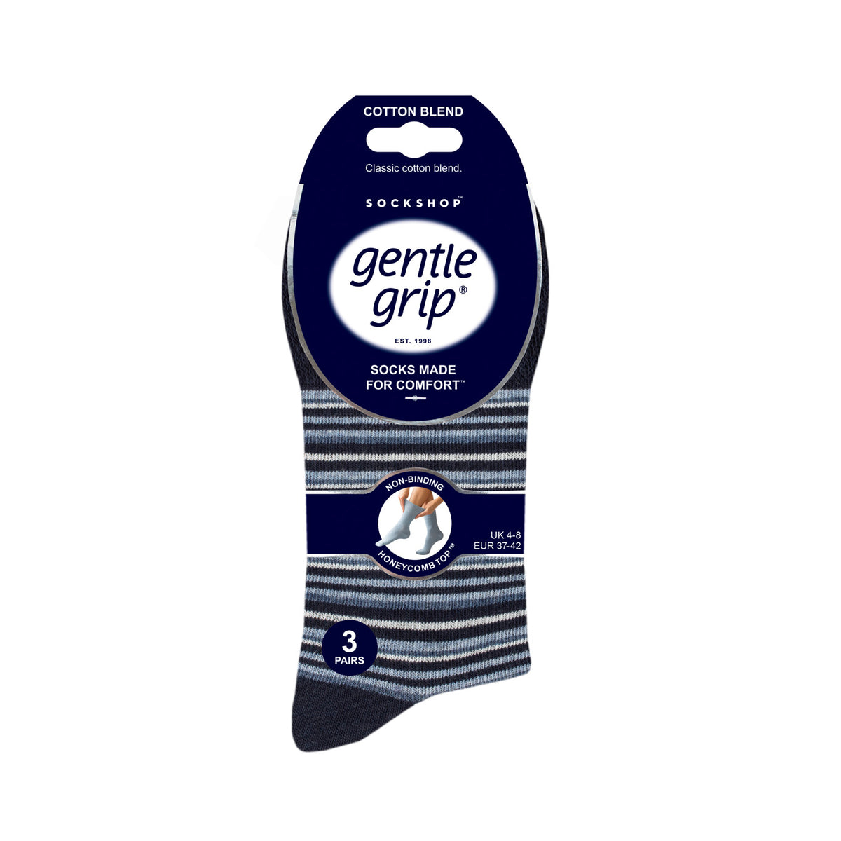 3 Paar Damen-Baumwollsocken mit verschiedenen Streifen, City-Muster, Marineblau