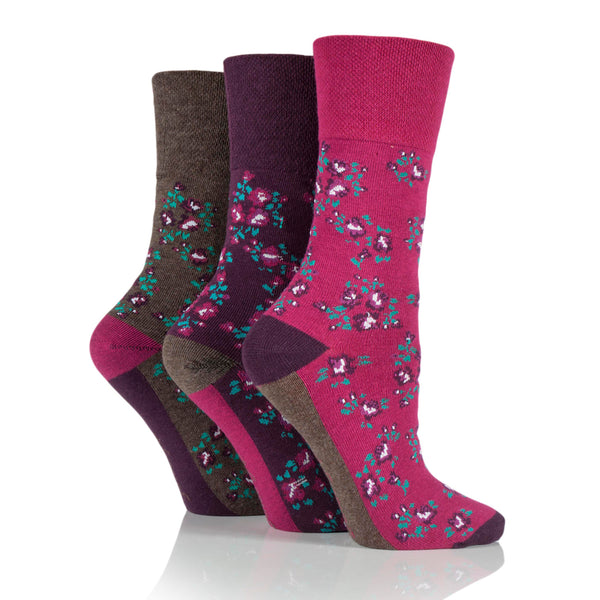 3 Pairs Ladies Cotton Socks - Rose Floral Pink
