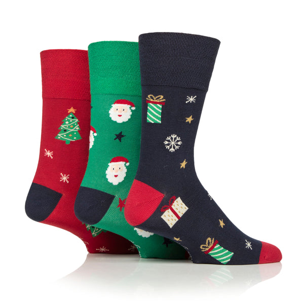 3 Pairs Men's Fun Feet Christmas Socks - Bamboo Present/Santa/Trees
