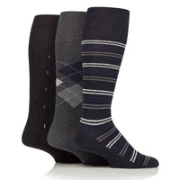 3 Pairs Men's Knee High Cotton Socks - Black/Navy/Charcoal Mixed Pattern