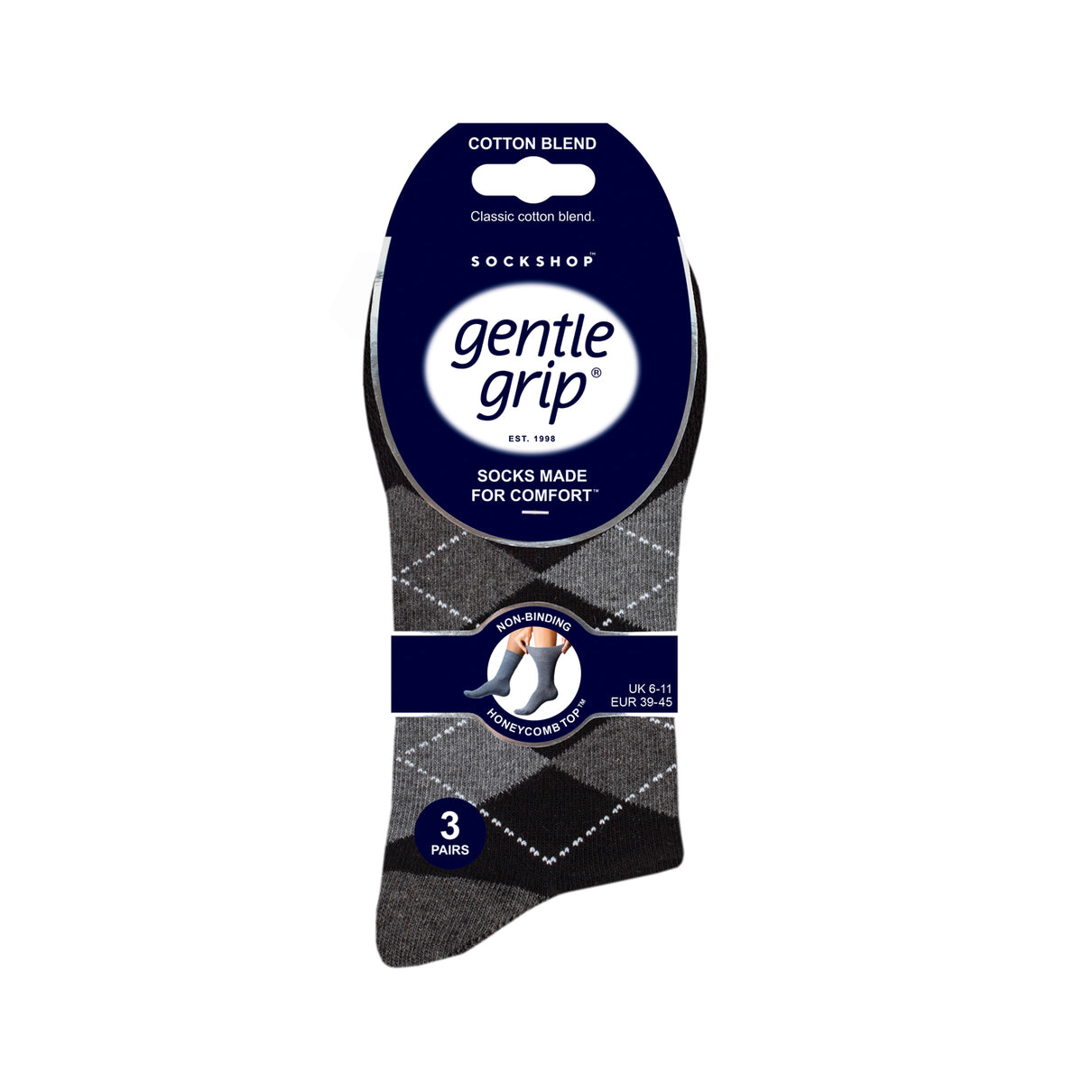 3 Pairs Men's Argyle Cotton Socks - Leven Black/Charcoal