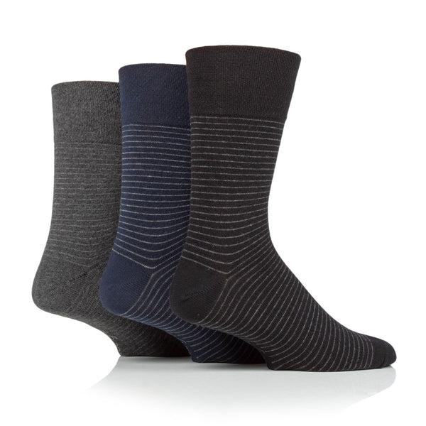 3 Pairs Men's Nova Fine Stripe Cotton Socks - Black/Navy/Charcoal