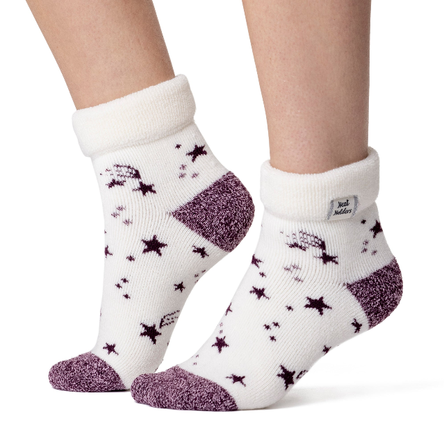 Ladies Lite Sleep Socks with Turnover Top - Ivory & Cabernet Stars