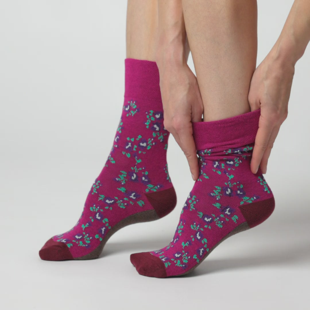 3 Pairs Ladies Cotton Socks - Rose Floral Pink